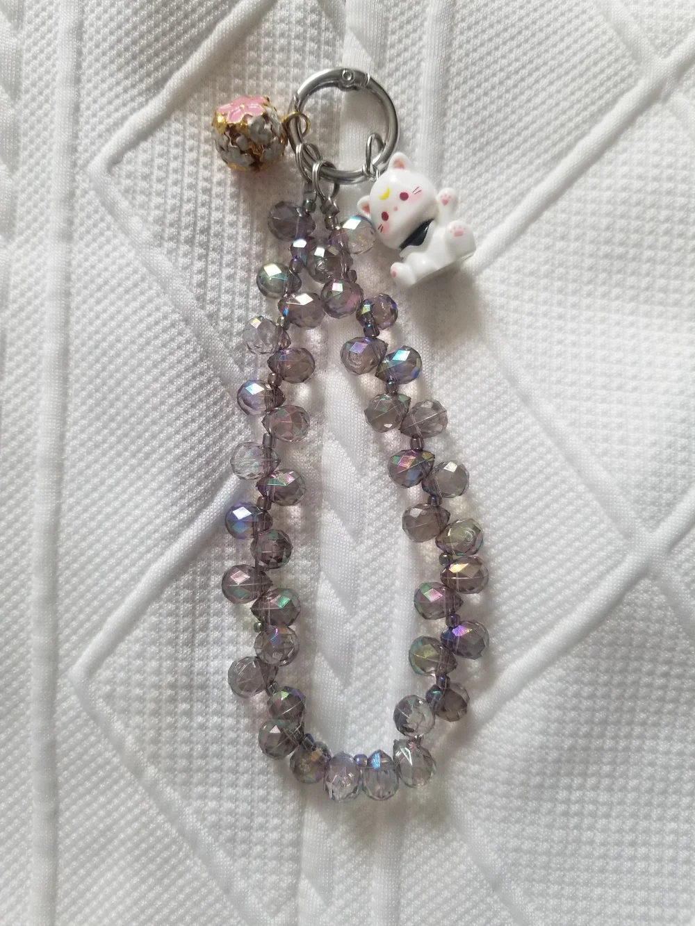 Iridescent Faceted Bead Phone Chain with Lucky Cat Charm and Bell